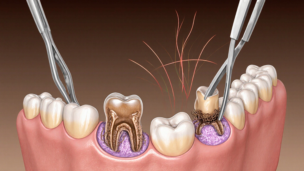 Anatomický náčrt čelisti s třemi typy vytažených zubů a šířící se infekcí.