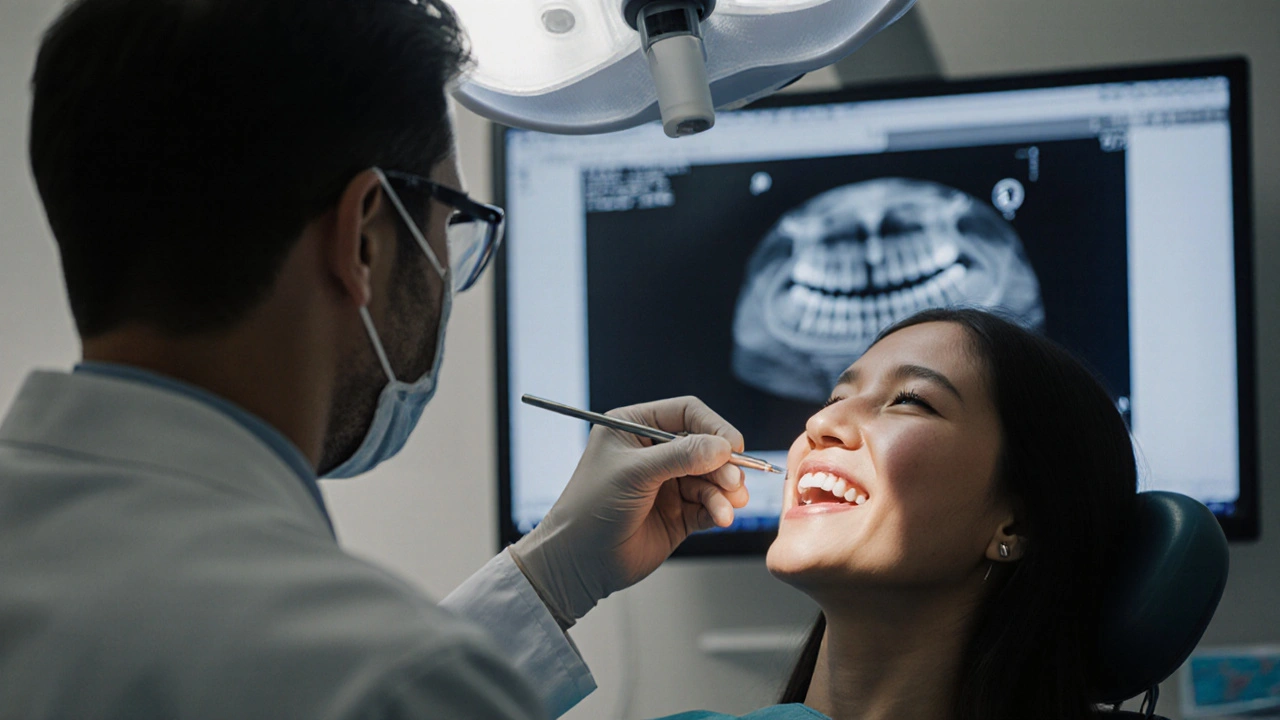 Dentista provádí měření dásňové kapsuly, vedle rentgenového snímku s úbytkem kostí.