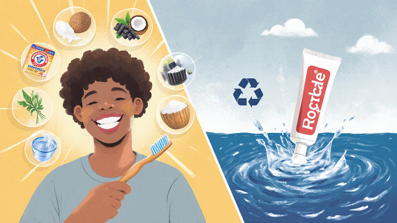 Ilustrace se šťastným úsměvem a přírodními složkami na jedné straně, plastovou tubou a oceánským odpadem na druhé.