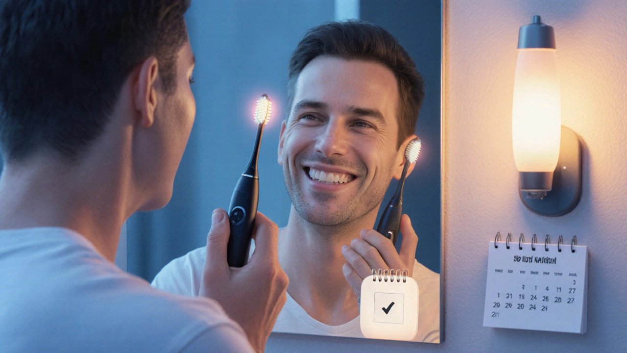 Klidná večerní koupelna, usměvavý uživatel s čistými zuby, sonický kartáček na nabíjecí stanici.