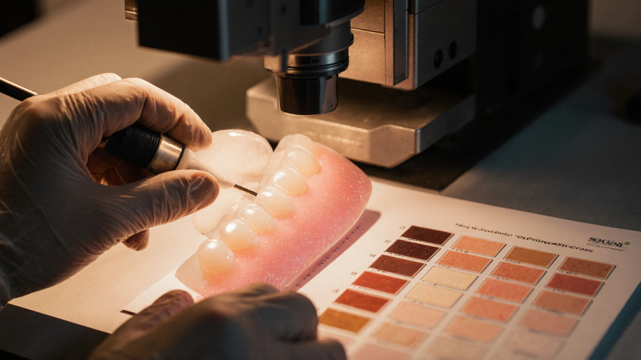 Laboratorní technik vyrábí a leští keramické fazety na tenkých porcelánových plátcích.