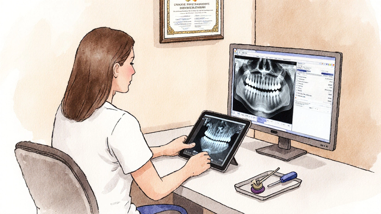 Nákladová schémata v ordinaci: digitální skener, rentgen a laboratorní nástroje vedle pacienta a zubaře.