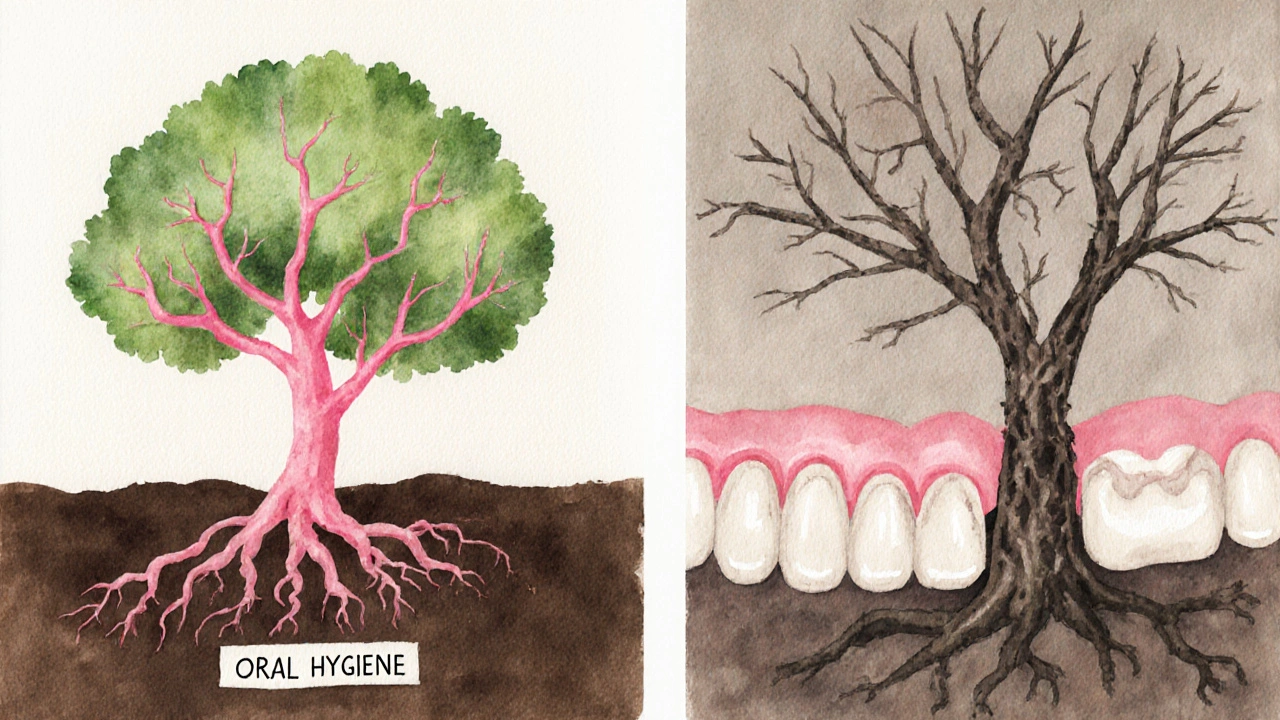 Strom s kořeny tvaru zubů růstoucí z půdy označené jako ústní hygiena.
