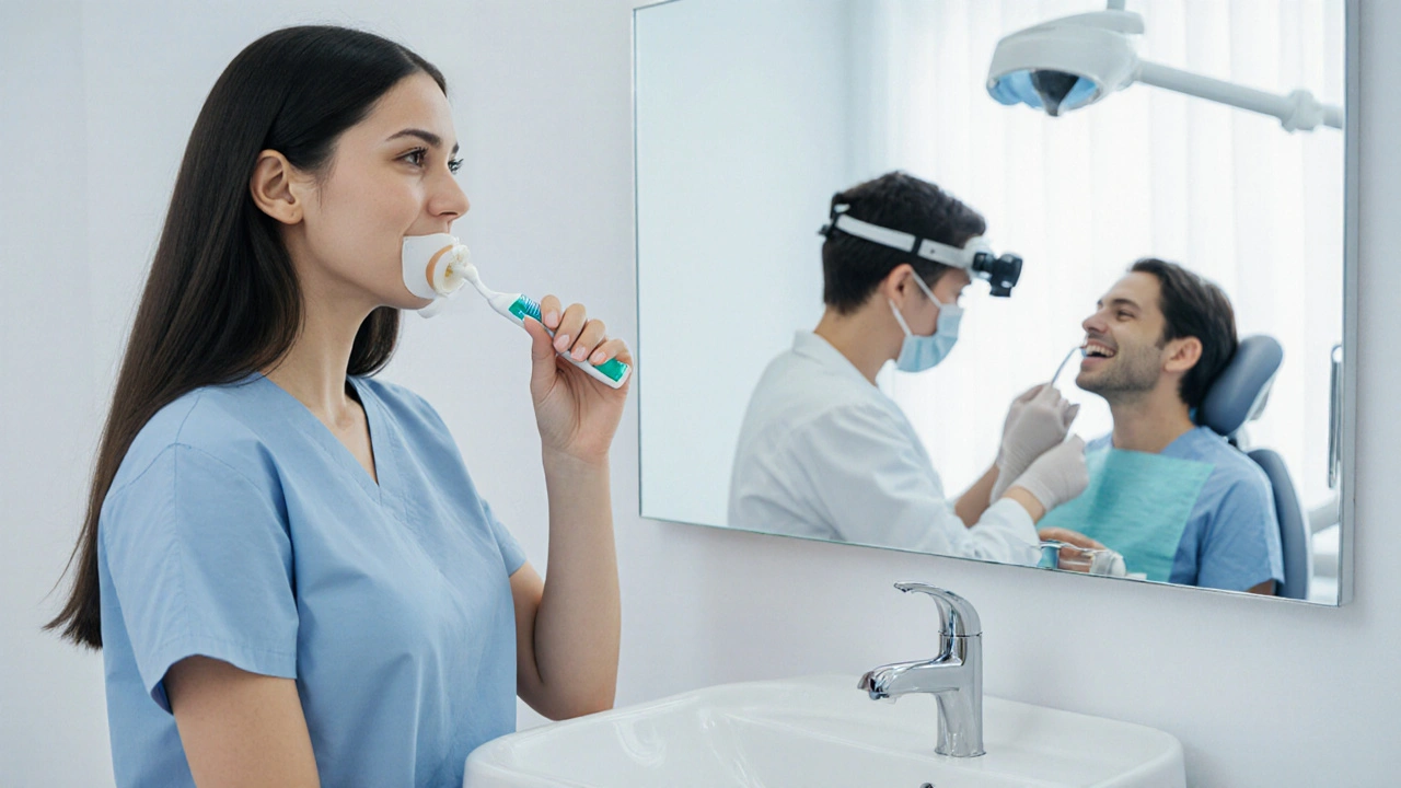 Žena si čistí zuby zubní pastou s fluoridem, vedle zubní hygiena v moderní ordinaci.