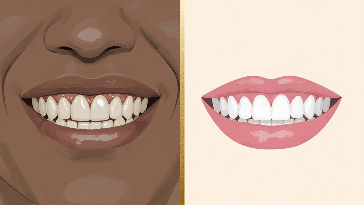 Before and after transformation of teeth with veneers side by side.