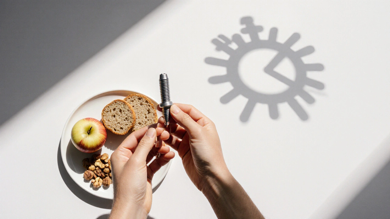 Dental implant next to healthy foods like apples and nuts, symbolizing long-term functional recovery.