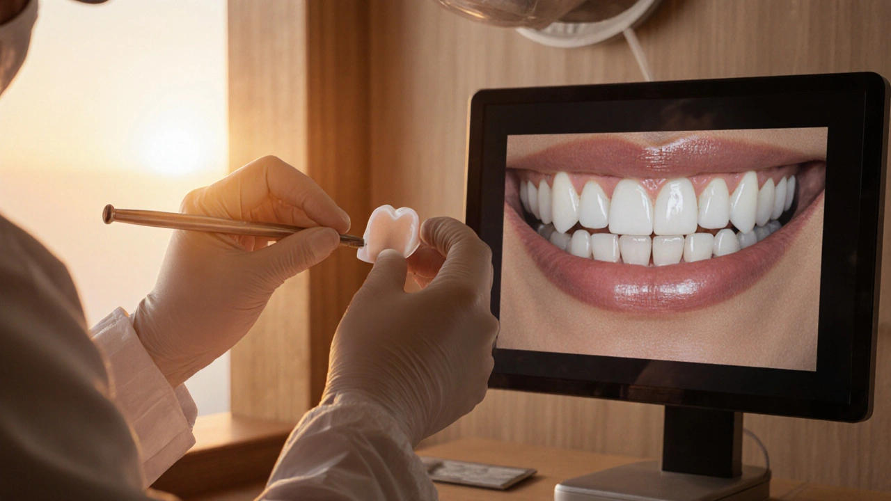 Dentista připevňuje keramický obklad na zub v klidné klinice s digitální simulací úsměvu na obrazovce.