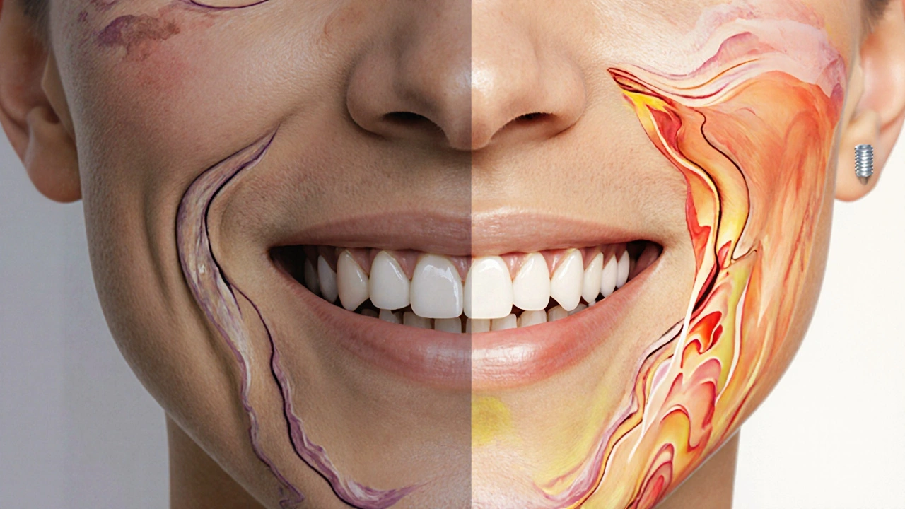 Side-by-side facial comparison showing jawbone deterioration versus restoration after dental reconstruction.
