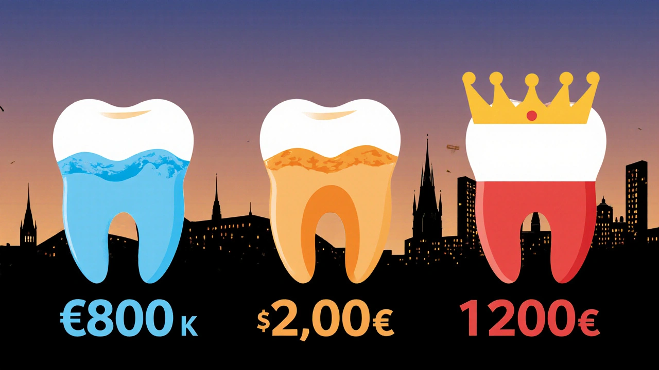 Tři zuby s různě hlubokými kazy a odpovídajícími cenami plomb v Praze, vizualizované jako spektrum nákladů.