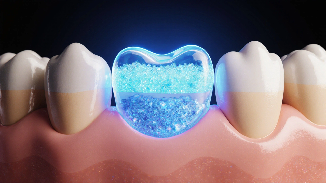 Vnitřní struktura skloionomerové plomby s částicemi a uvolňováním fluoridu.