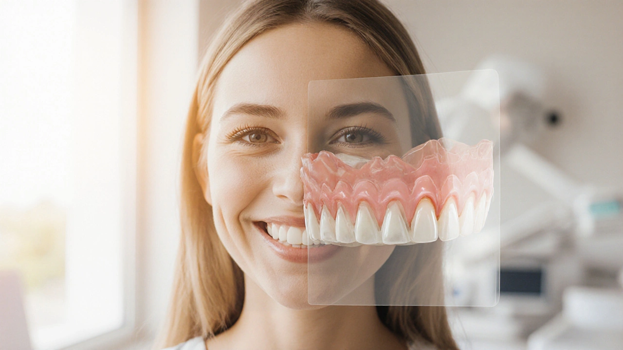 Woman smiling with natural-looking porcelain veneers on front teeth.