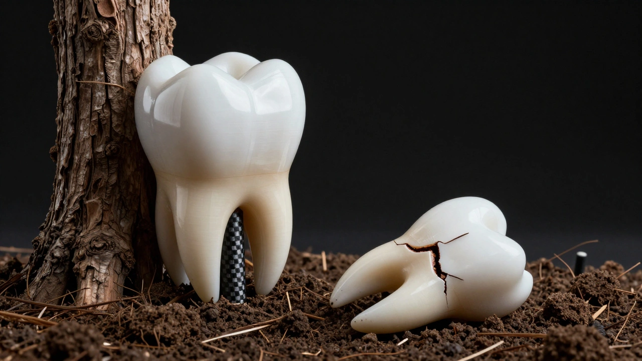 A tooth with a carbon fiber post supported like a tree, next to a broken tooth.