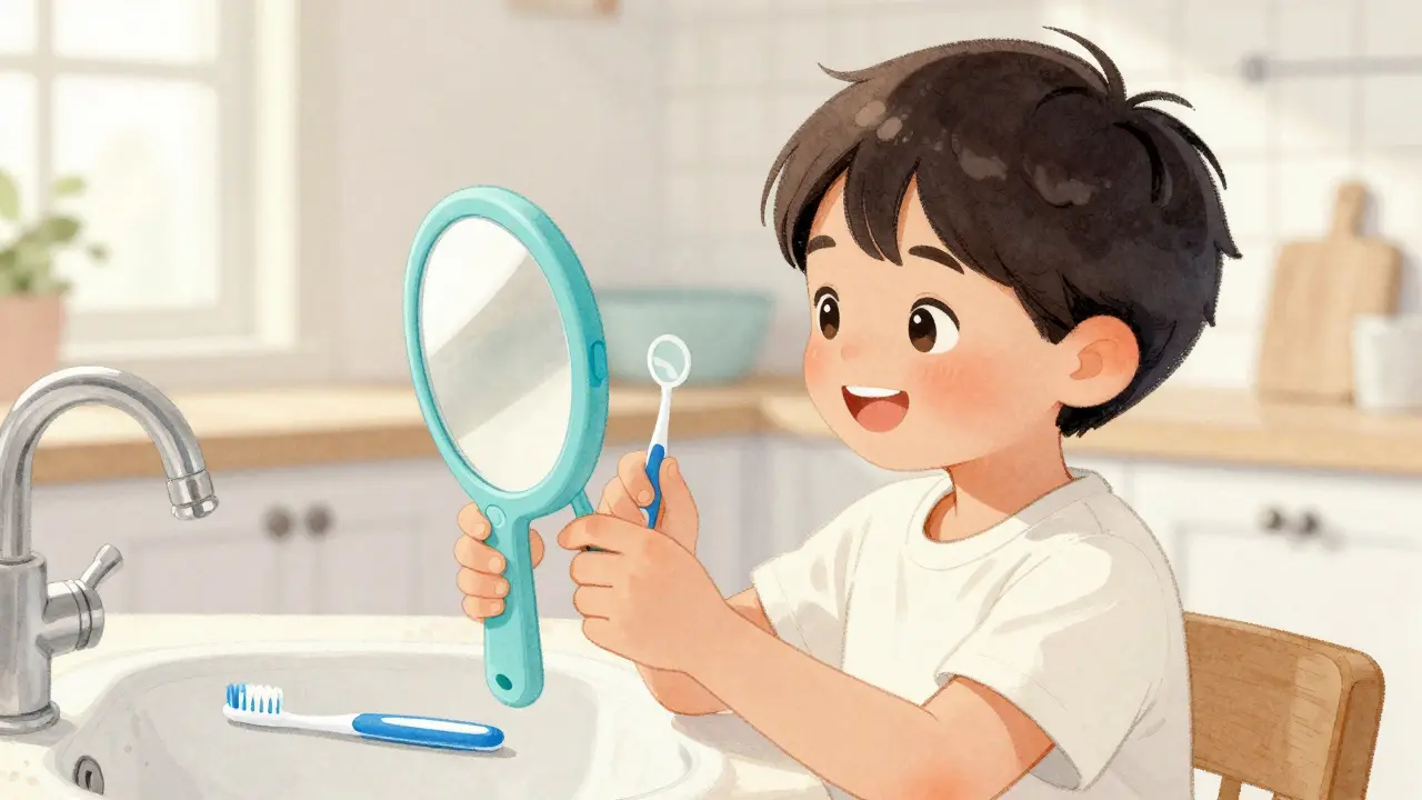 Dítě s rodičem používá plastové dentální zrcátko pro vzdělávání o ústní hygieně.