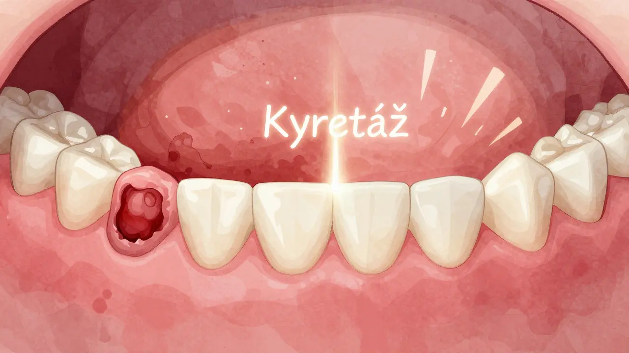 Kontrast mezi zánětlivými a hojícími se dásněmi, symbolizující účinek kyretáže na zdraví úst.