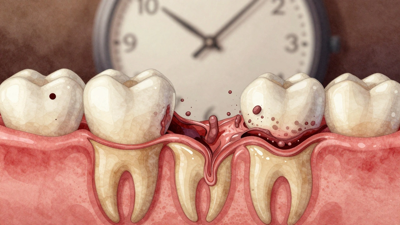 Příčný řez zubem ukazující šíření kávy z enamelu do dentinu s bakteriemi.