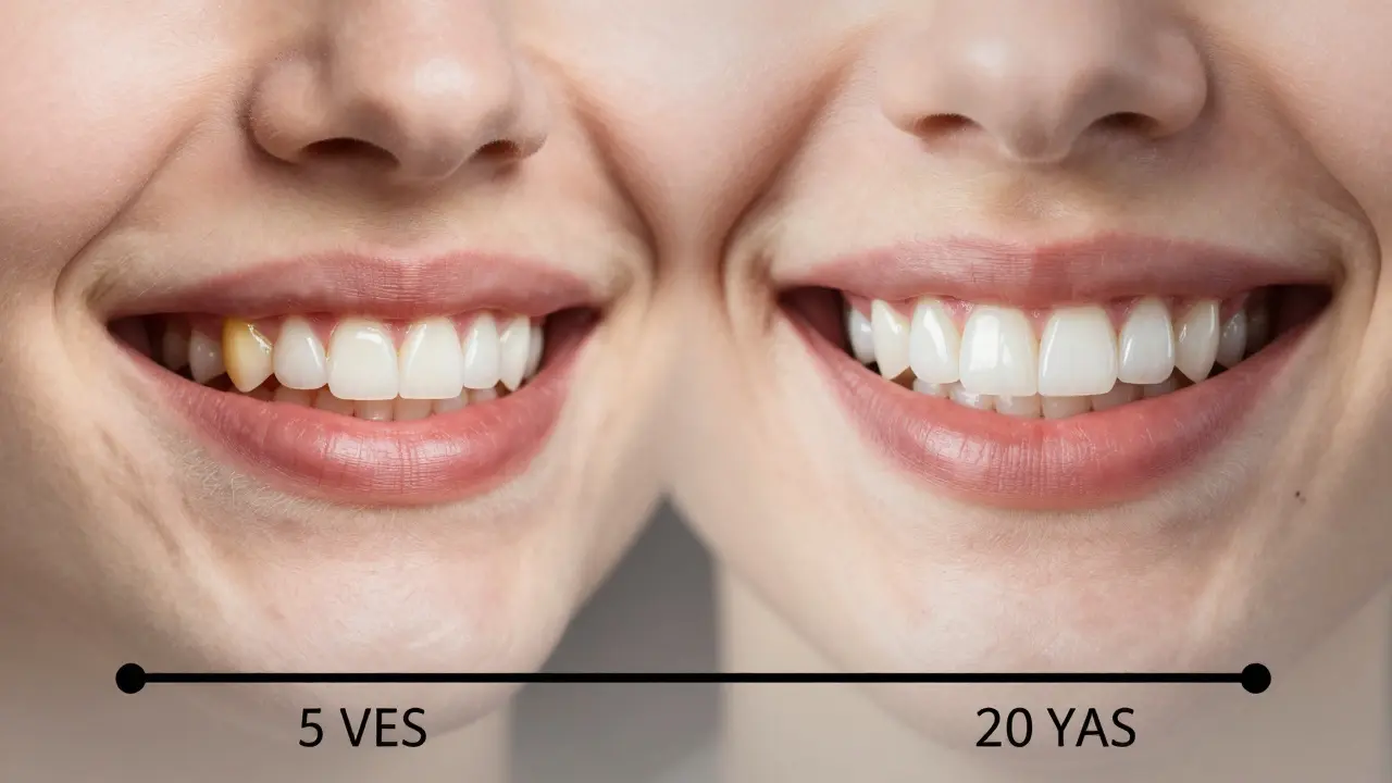 Side-by-side comparison of yellowed composite veneers and pristine ceramic veneers over time.