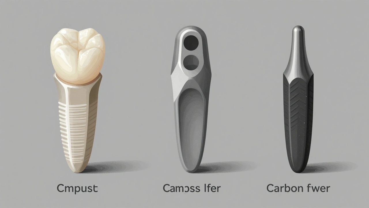 Three types of dental posts displayed side by side with material textures.
