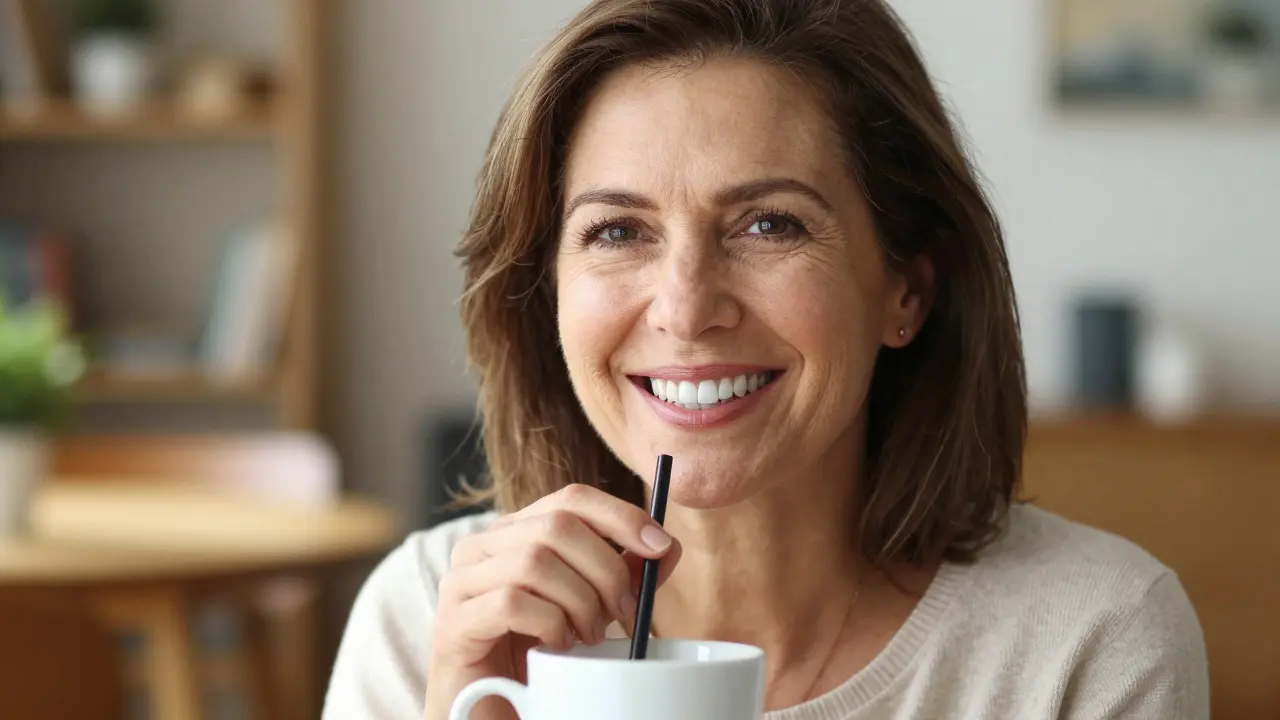 Woman smiling confidently with composite veneers, holding a coffee cup with a straw in natural light.