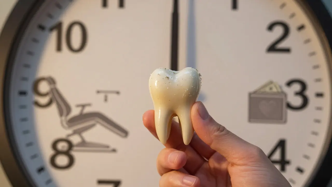 A tooth with forming tartar beside a clock, symbolizing prevention and long-term health impact.