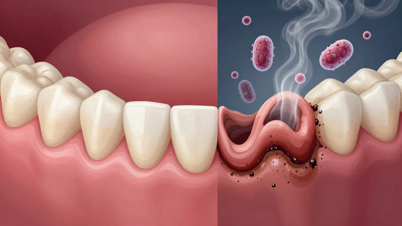Contrasting healthy gums with advanced gum disease showing tartar buildup below the gumline.