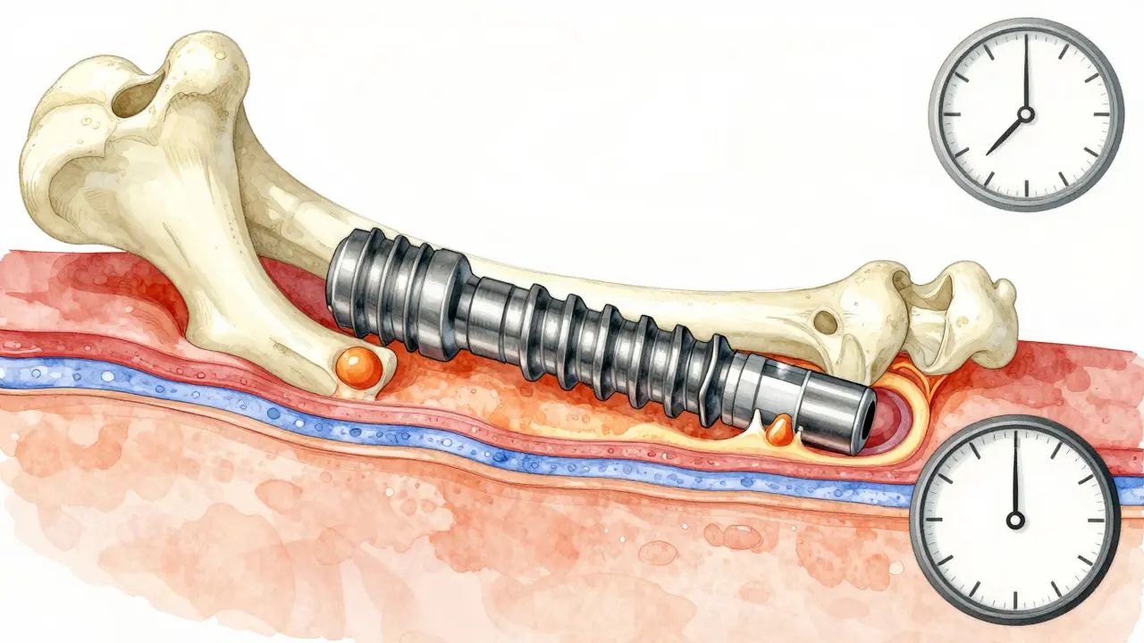 Cross-section of jawbone showing bone growing around a dental implant over time.
