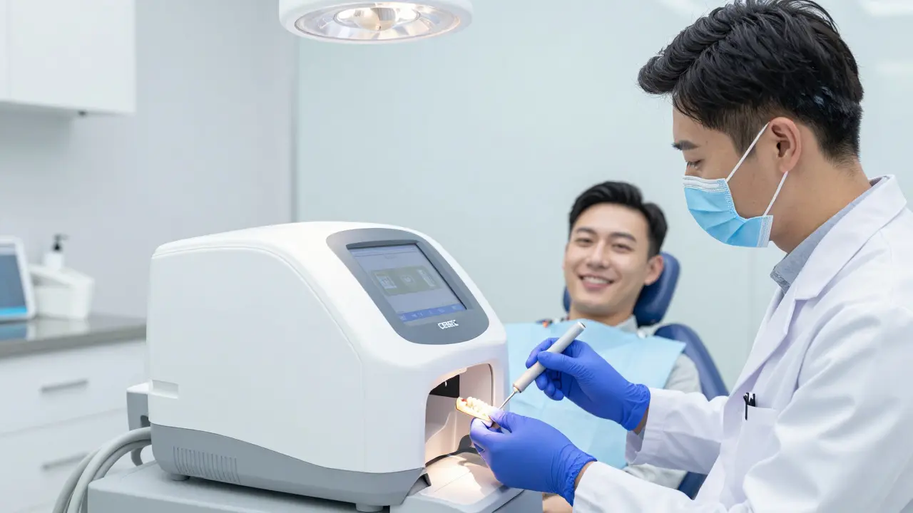 Dentista používá CEREC stroj k výrobě keramické výplně.