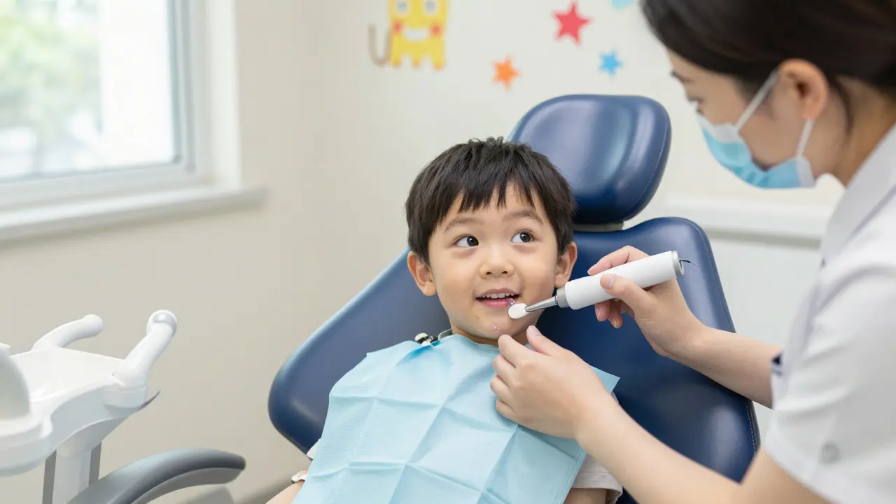 Dítě sedí u zubního lékaře, hygienička odstraňuje zubní kámen pomocí ultrazvukového přístroje.