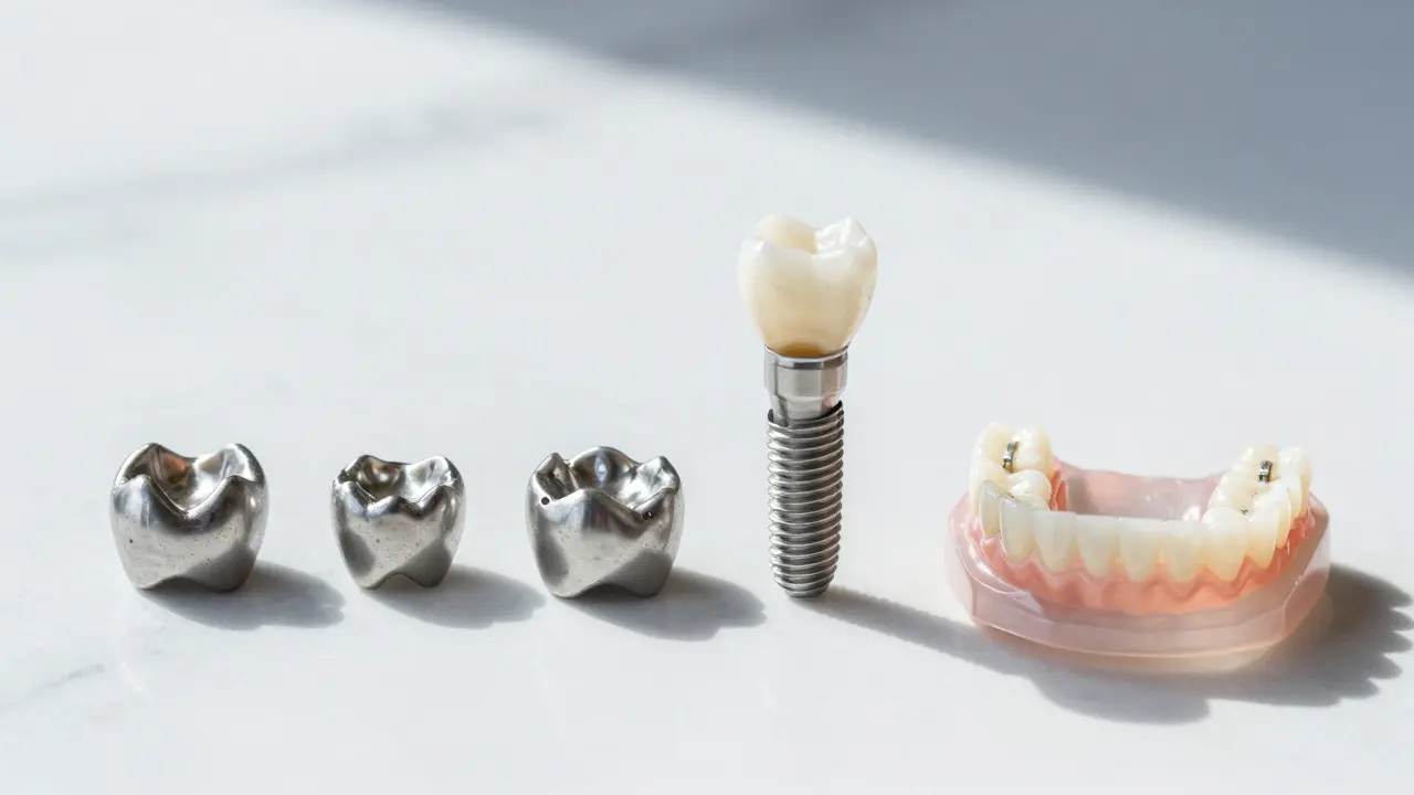 Four types of dental replacements arranged side by side: crown, bridge, implant, and partial denture.