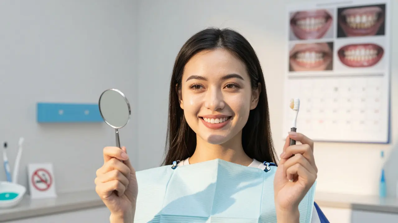 Patient smiling with a new dental crown on an implant, showing successful recovery.