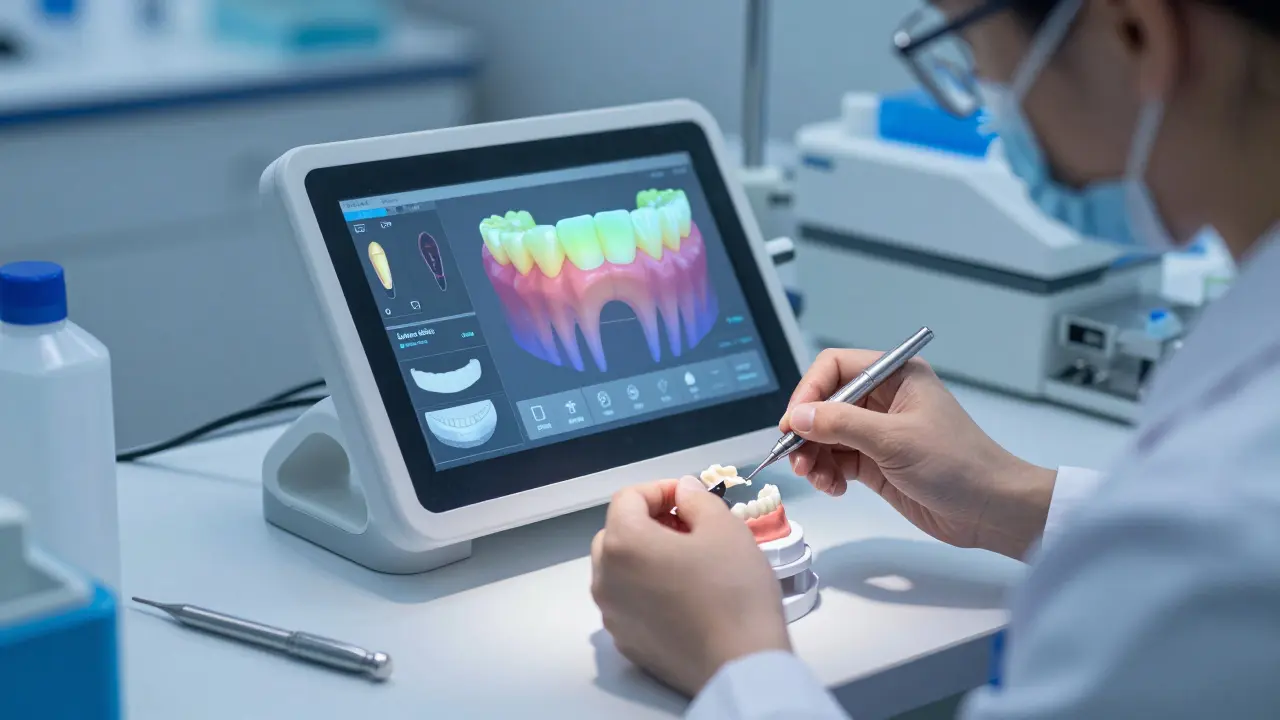 Technik v laboratoři navrhuje zubní fazety pomocí digitálního 3D modelu a holografických projekcí.