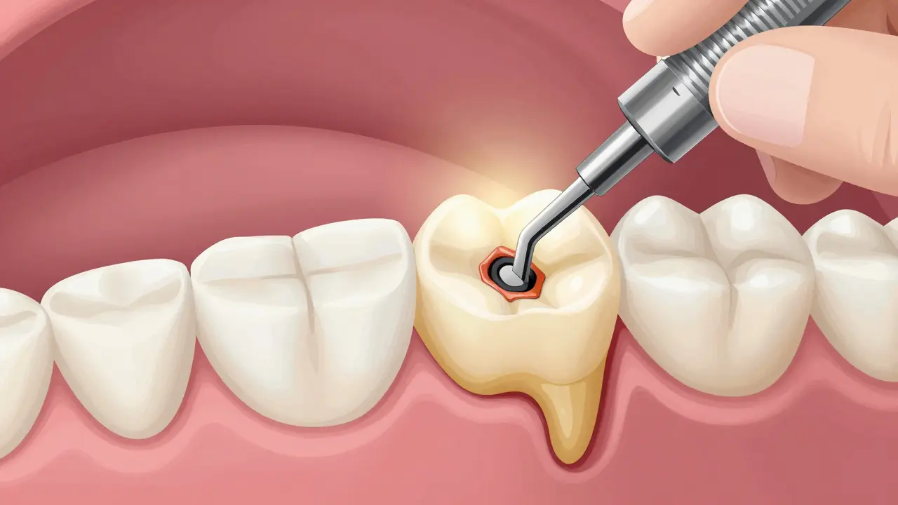 Zubní lékař připravuje zub na keramickou onlay s viditelným zdravým dentinem