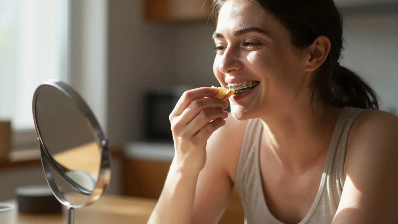 Adult woman smiling while eating, wearing fixed braces, with natural sunlight and kitchen background.