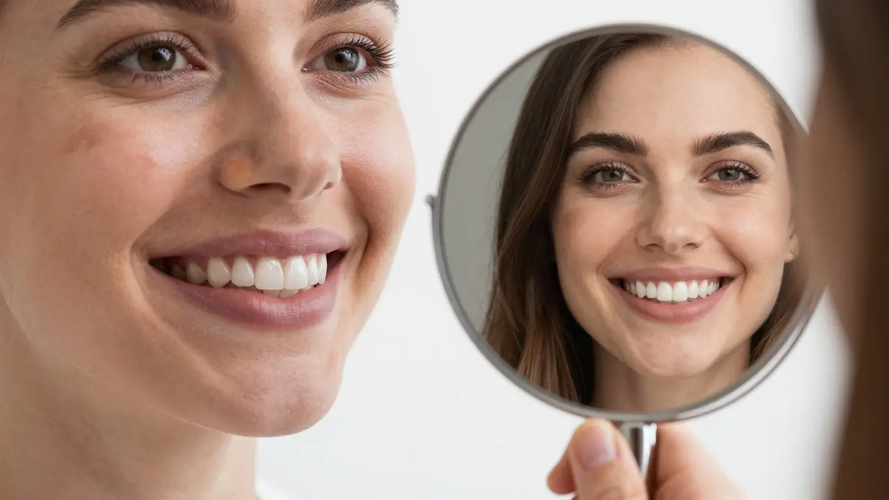 Before-and-after portrait showing transformed smile with ceramic veneers.