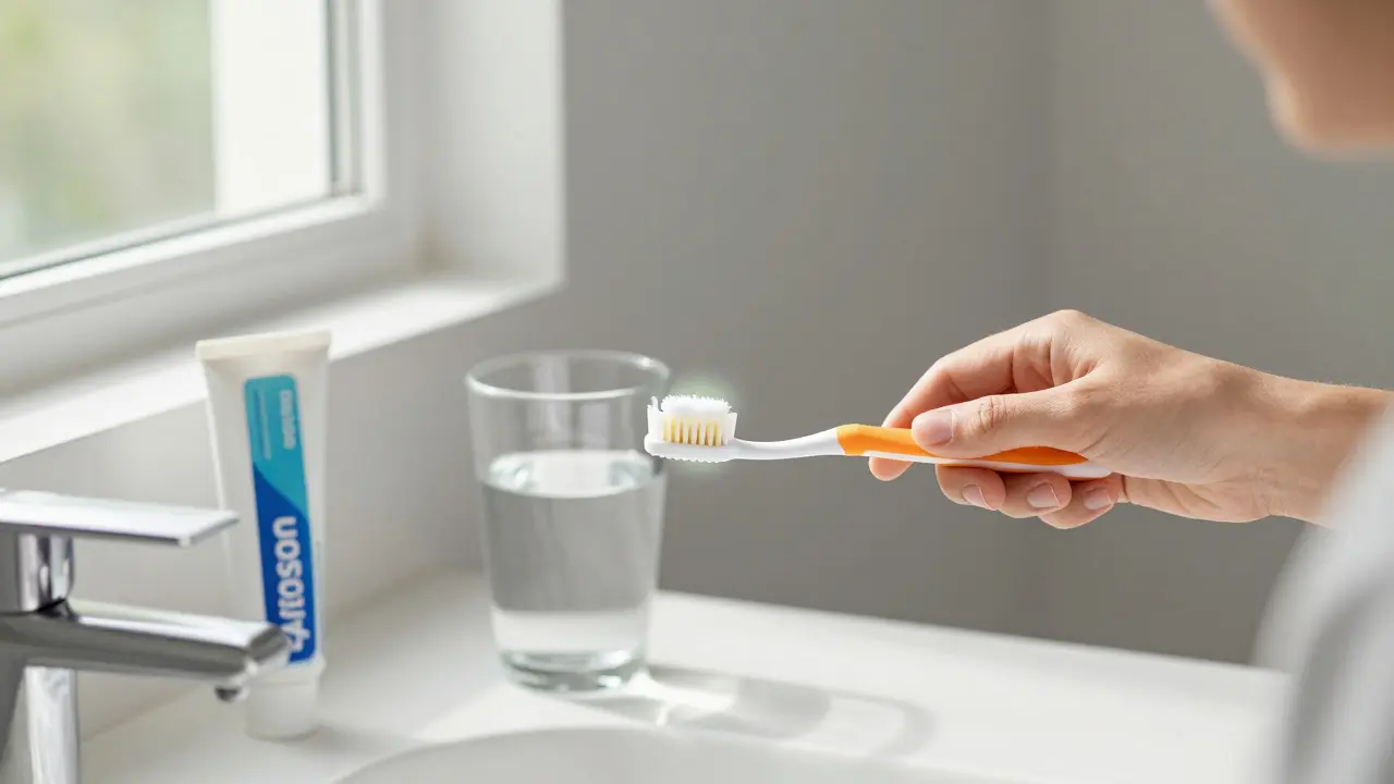 Člověk čistí zuby měkkým kartáčkem s fluoridovou pastou v koupelně