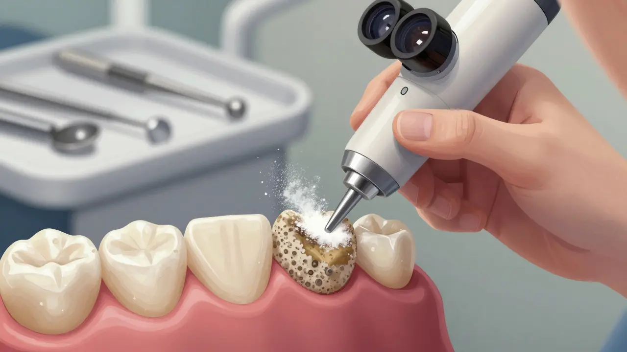 Dentální hygienistka čistí keramické fazety jemným prachovým systémem při kontrole plaku na hraně.