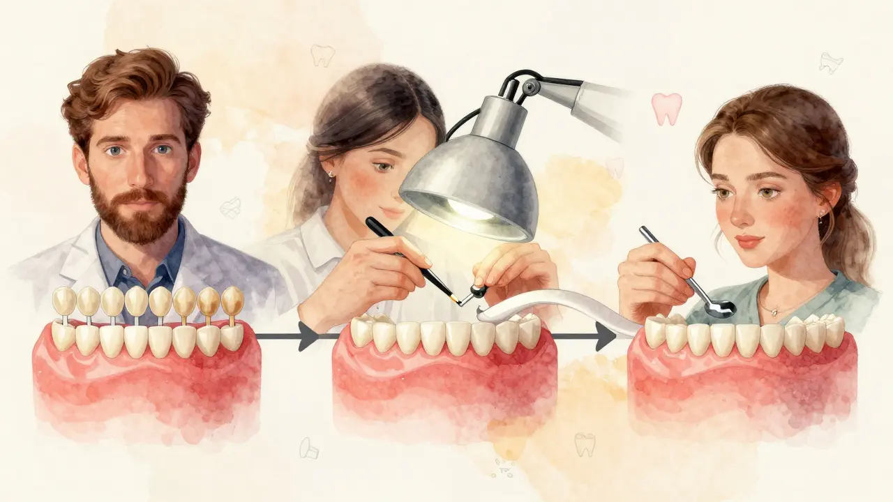 Three-stage timeline of veneer process with dentist, lab technician, and bonding.
