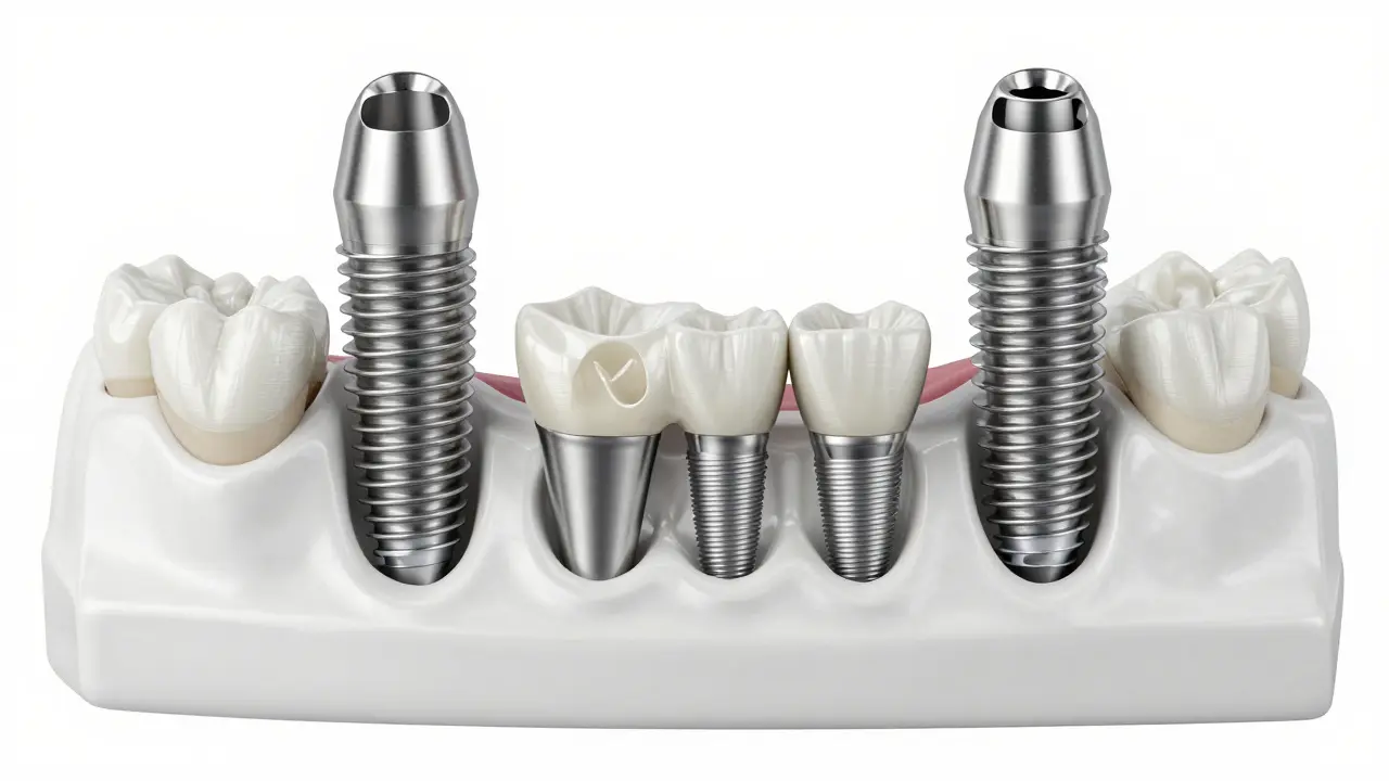Titanový a zirkoniový implantát vedle sebe v modelu čelisti, viditelné rozdíly v materiálu.