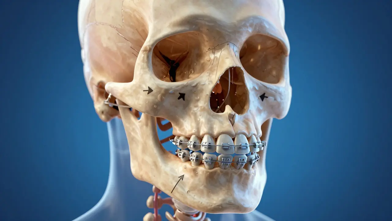 Transparent skull showing how fixed braces gradually reposition upper and lower jaws with directional arrows.