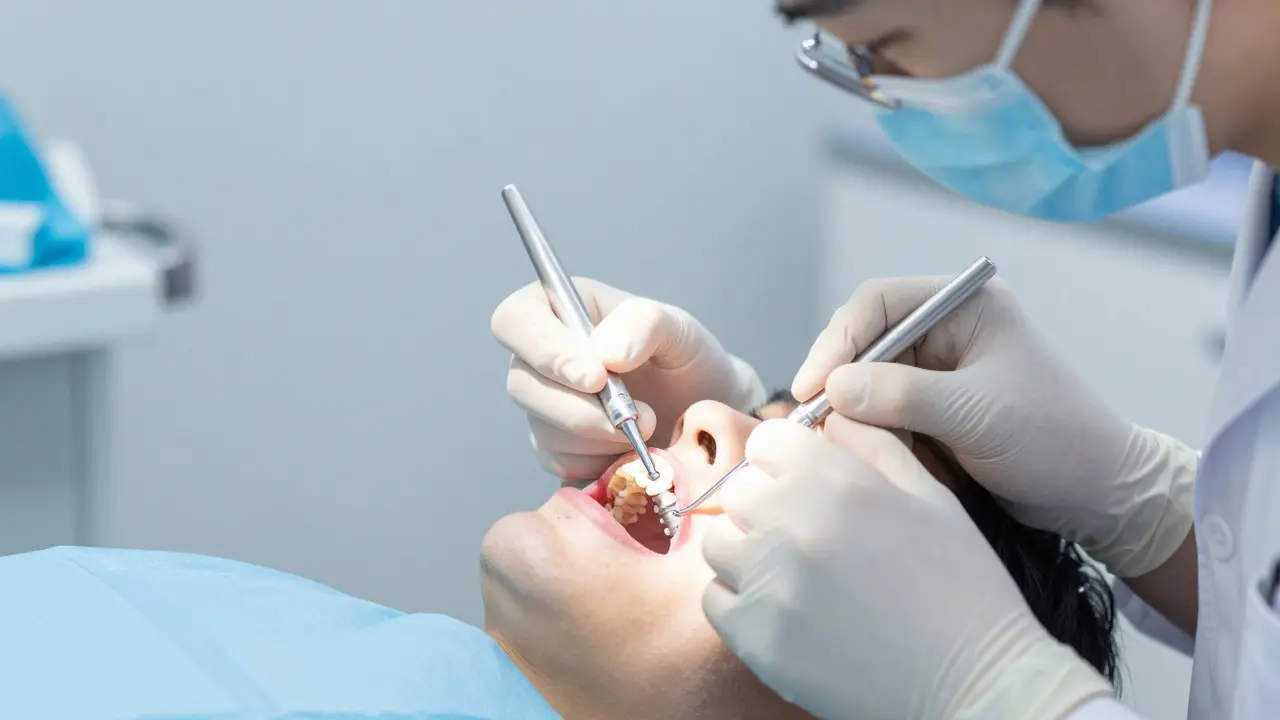 Zubní lékař provádí implantaci v klinice, používá sterilní nástroje pod místním znecitlivěním.
