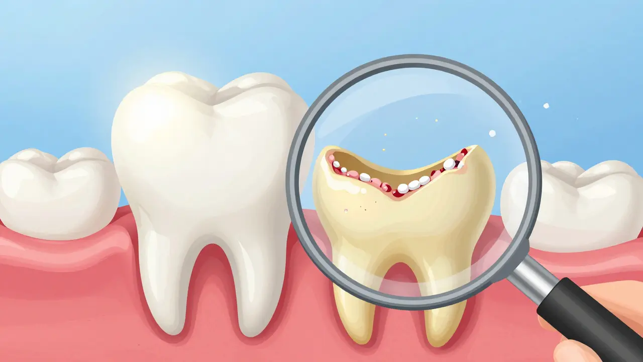 Zvětšený pohled na zub s poškozenou sklovinkou a zřetelnou žlutou dentinou pod ní.