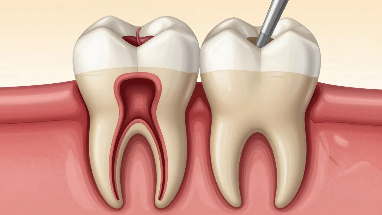 Cross-section of a tooth showing infected pulp versus cleaned canal filled with gutta-percha.