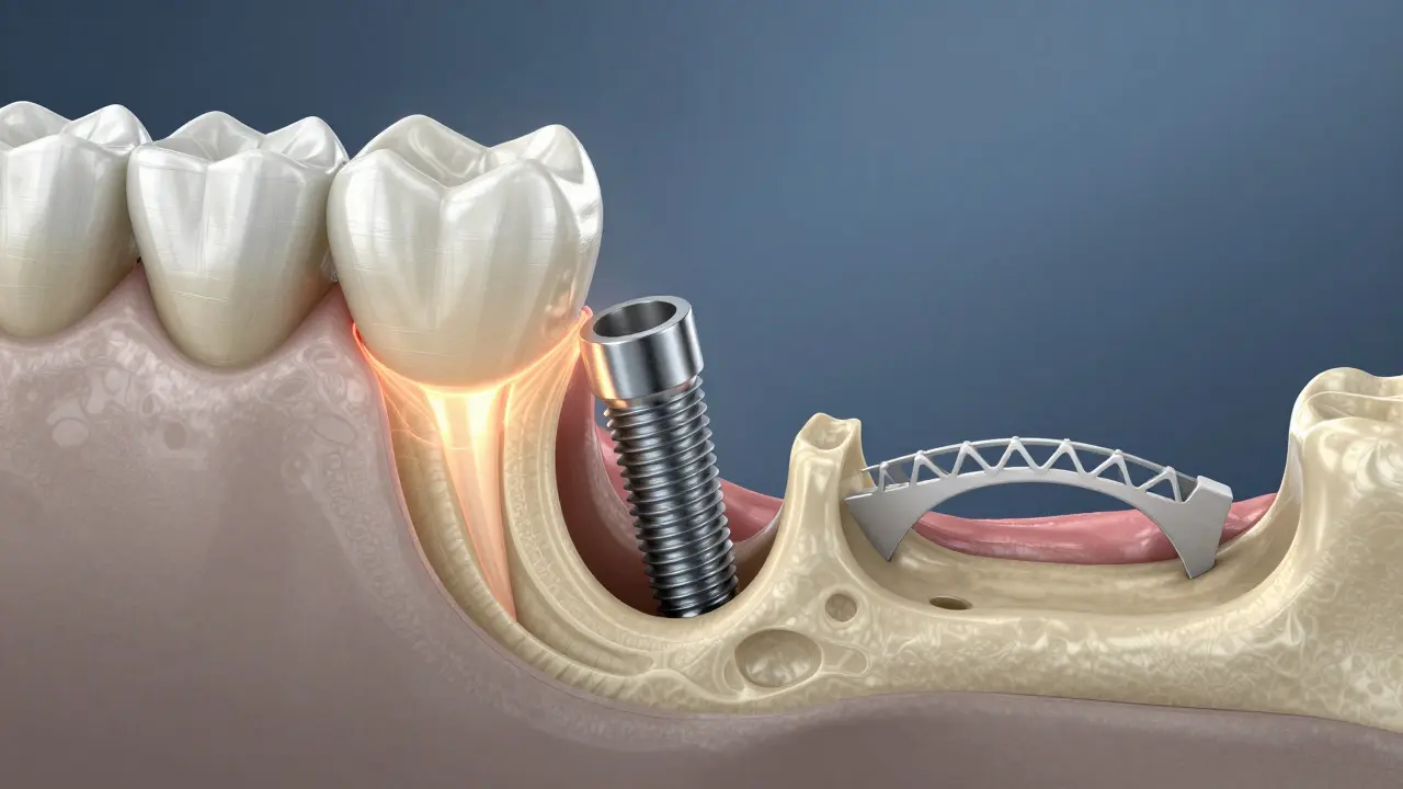 Cross-section of jawbone showing a titanium dental implant fused with healthy bone tissue and a porcelain crown.