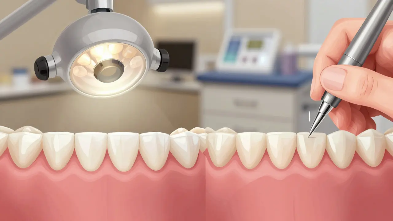 Dentista aplikuje porcelánové výložky a kompozitní plomby na přední zuby.