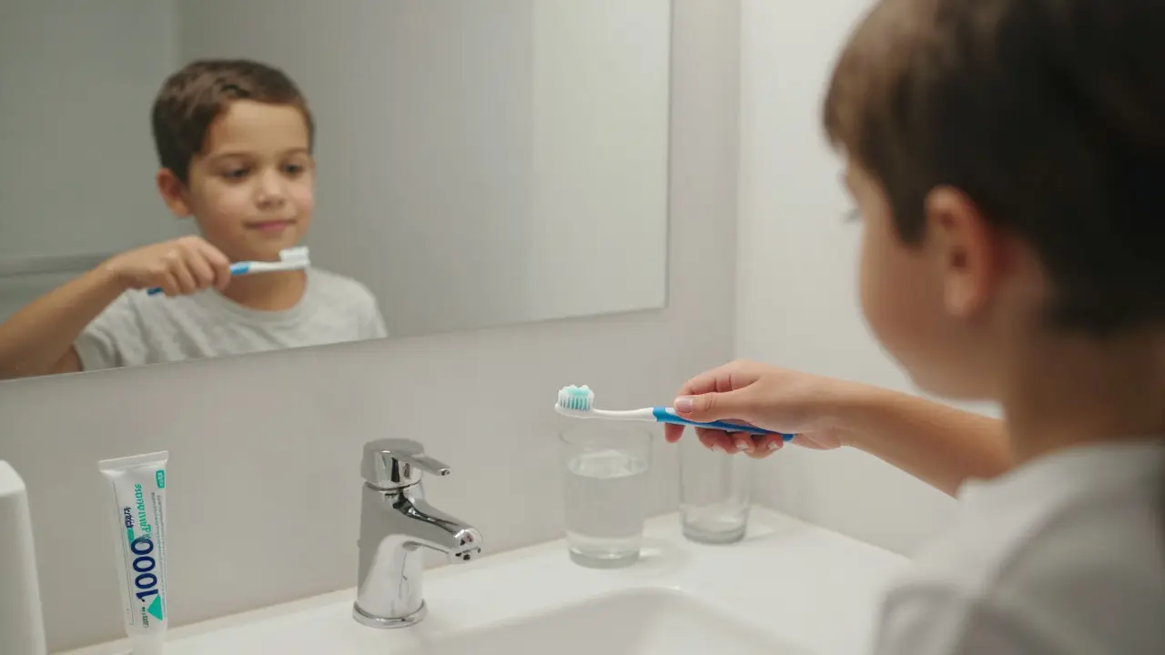 Dítě čistí zuby malým zubním kartáčkem s fluoridovou pastou.