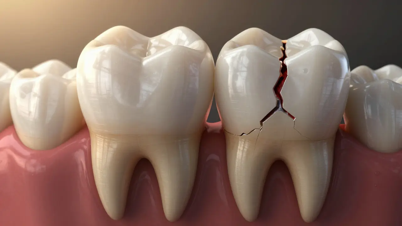Healthy crowned tooth next to a decayed tooth with infection spreading into the jaw.