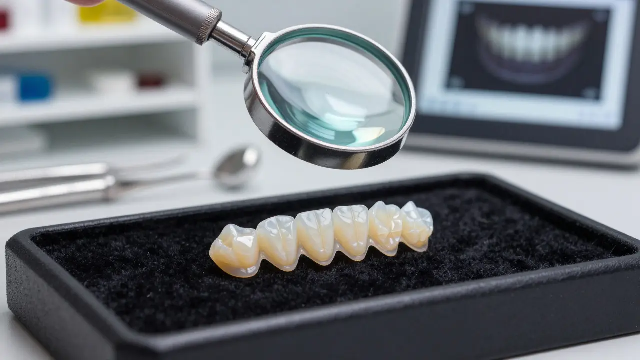 Keramické fazety na černém hedvábném podložce v zubní laboratoři.