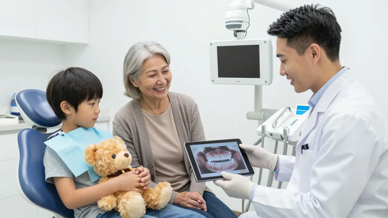 Pacienti různých věků dostávají léčbu v moderní zubní klinice od odborníka.