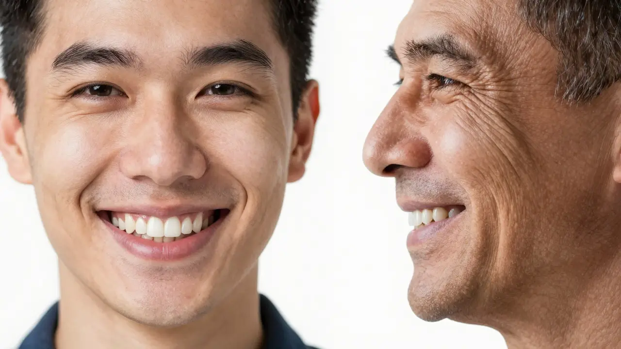Side-by-side comparison of a young person with a dental implant and an older person with a dental bridge, showing facial differences.