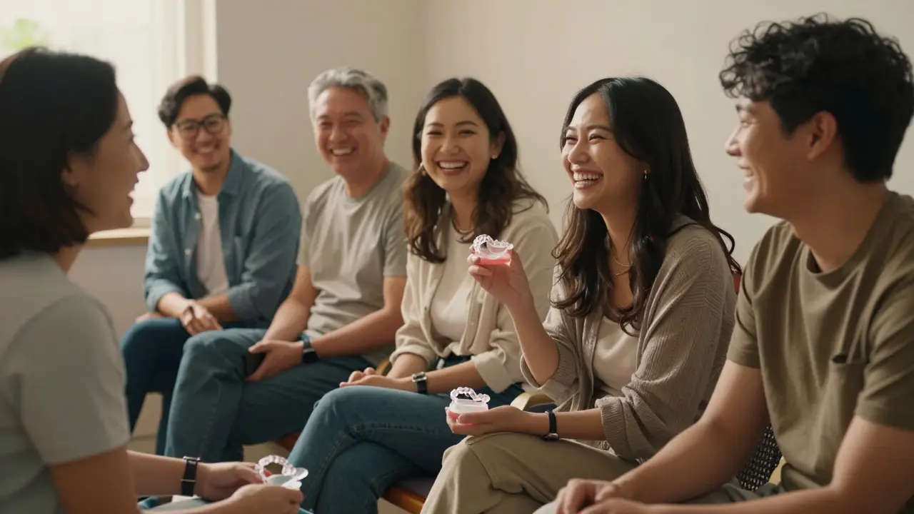 Skupina dospělých s průhlednými aparáty v klinice, všichni se usmívají přirozeně a bez ostýchavosti.