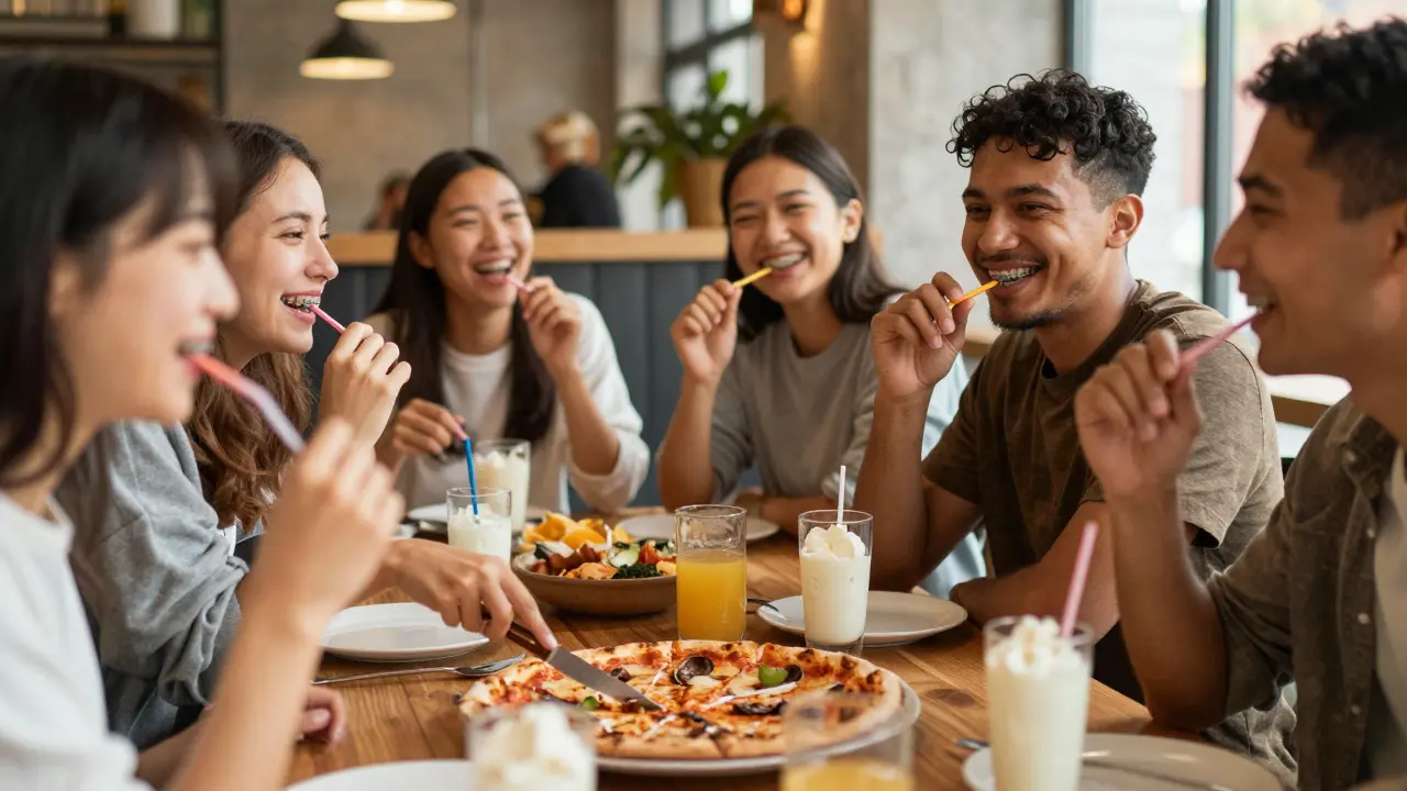 Skupina lidí s rovnátky veselo jí na večeři — jedna osoba jí pizzu nožem, ostatní jí jiná měkká jídla.